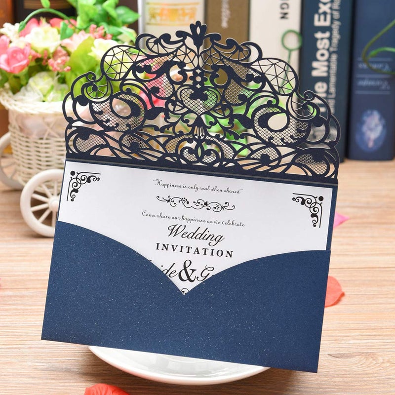FOMTOR Laser Cut Wedding Invitation Cards Set w/Envelopes & Inserts & Seals â€“ for Wedding, Bridal Shower, Graduation, Birthday Party, Engagement, Anniversary Blue 50Pcs - Image 2